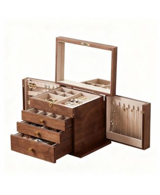 YIGII Luxury Walnut Jewelry Organizer with Mirror and Lock