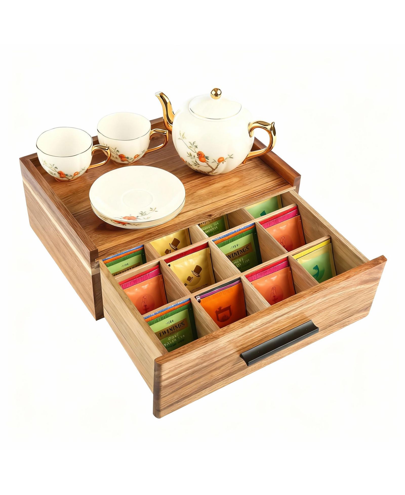 YIGII 12-Compartment Wood Tea Bag Organizer with Drawer