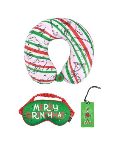 The Grinch Merry Grinchmas 3-Piece Memory Foam Neck Pillow Eye Mask and Luggage Tag Set