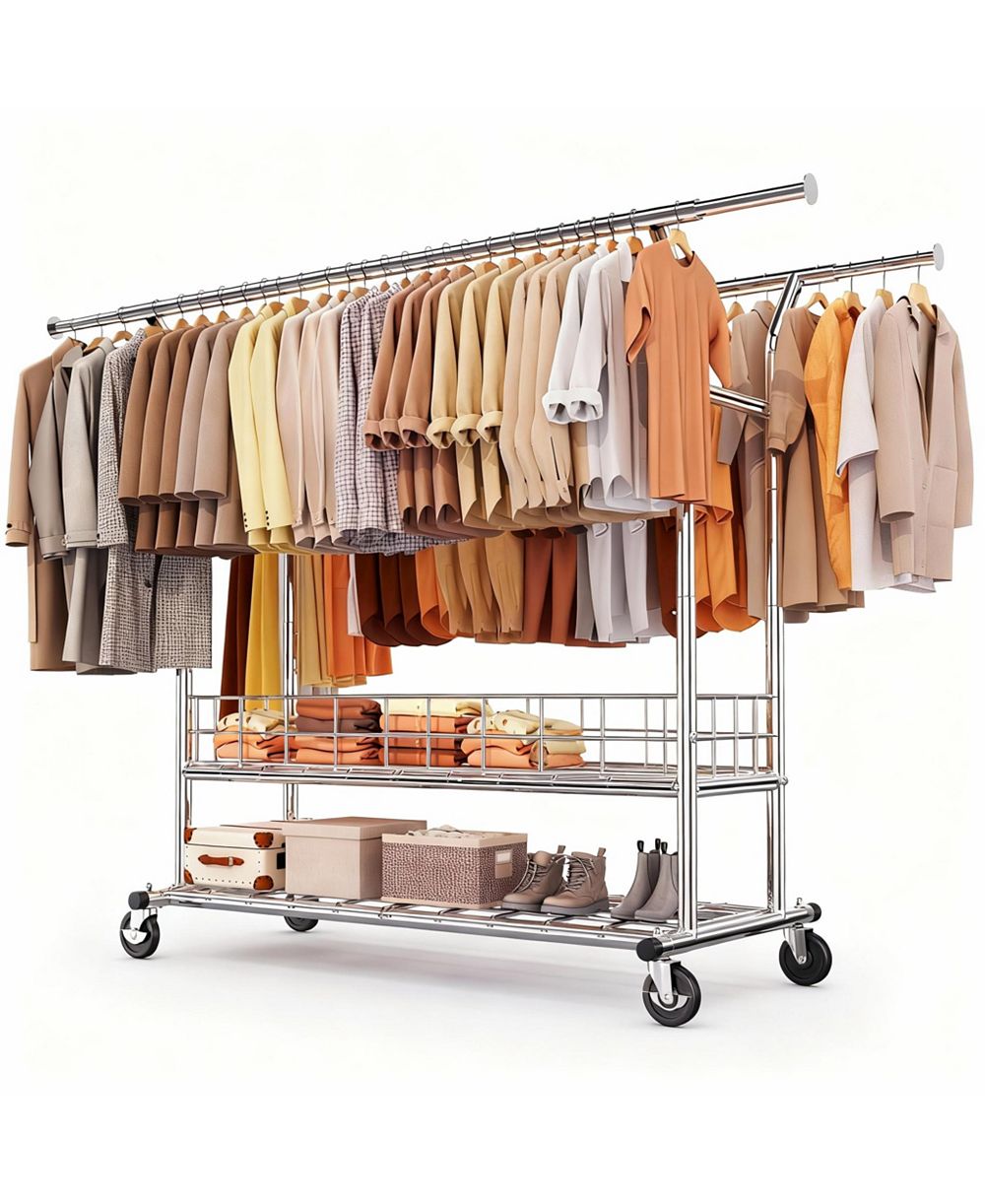 YIGII Adjustable 3-in-1 Metal Garment Rack with Storage Basket and Wheels