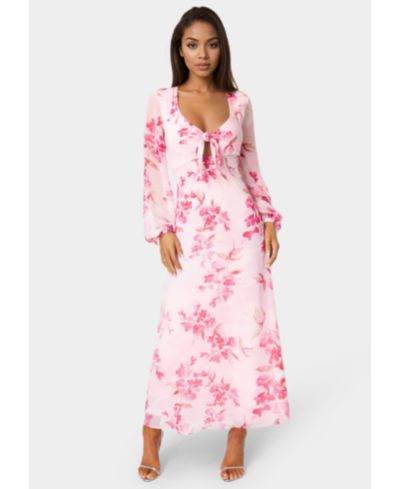 Bebe Women's Printed Chiffon Tie Front Maxi Dress