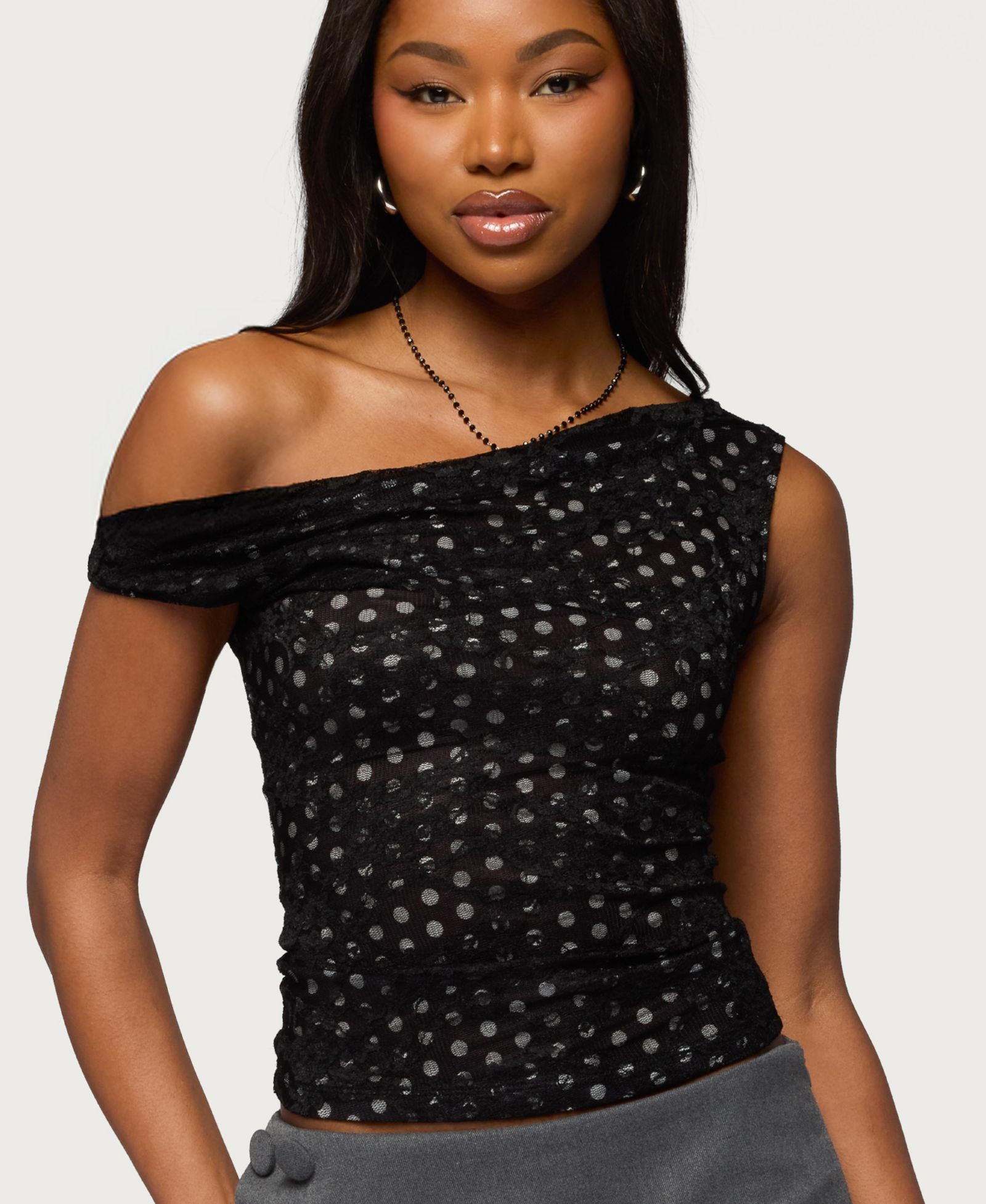 Edikted Women's Off Shoulder Lace Polka Dot Top