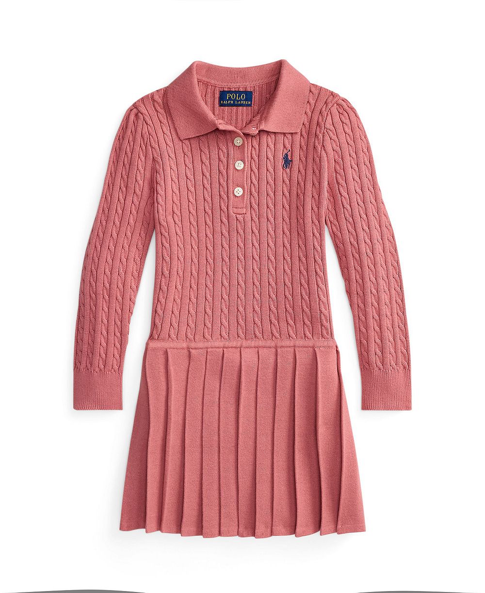 Polo Ralph Lauren Girls' 4-16 Mini-Cable Polo Long-Sleeve Pleated Sweater Dress