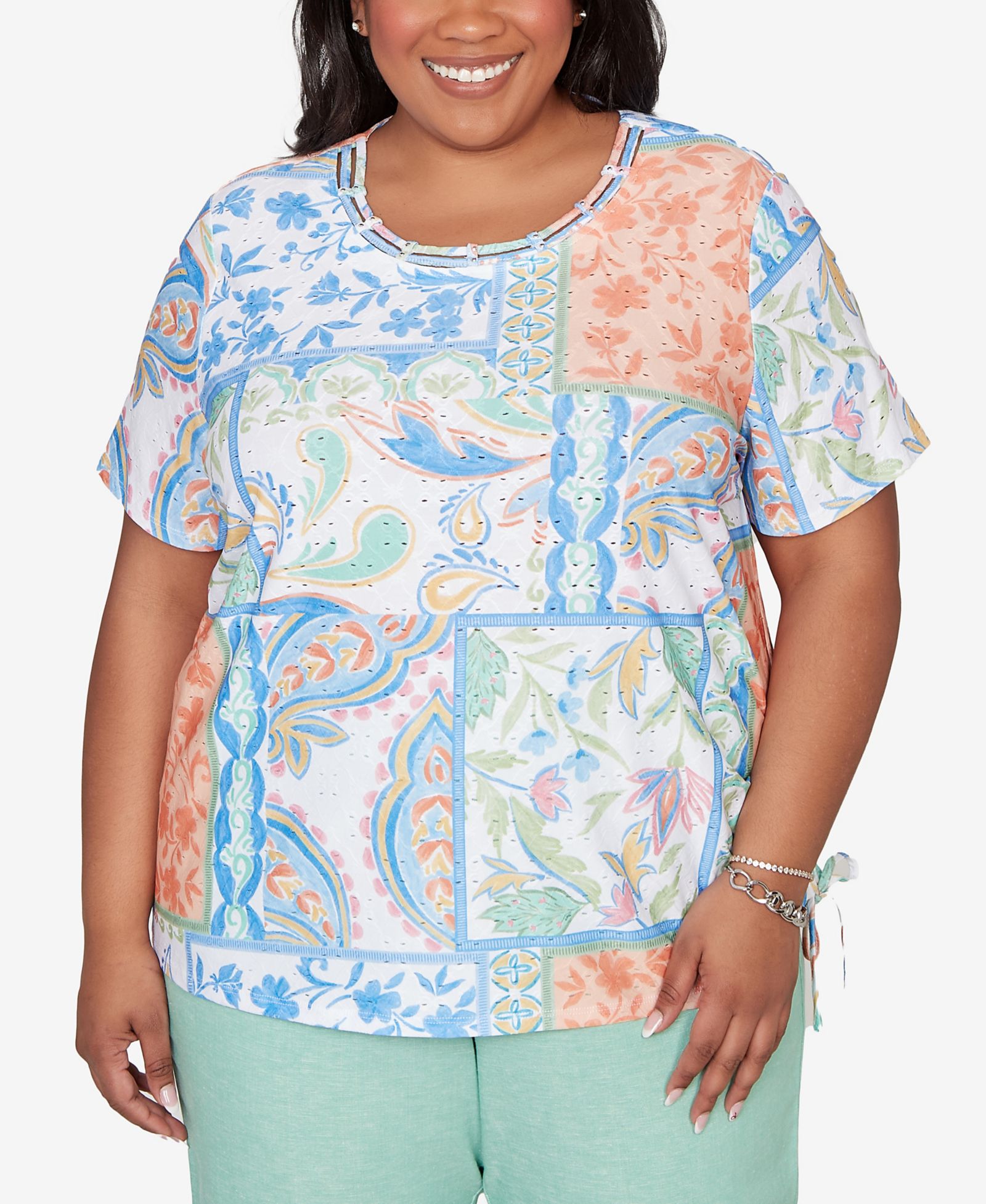 Alfred Dunner Plus Size Caribbean Blues Patchwork Scroll Side Tie Ruched Top топ