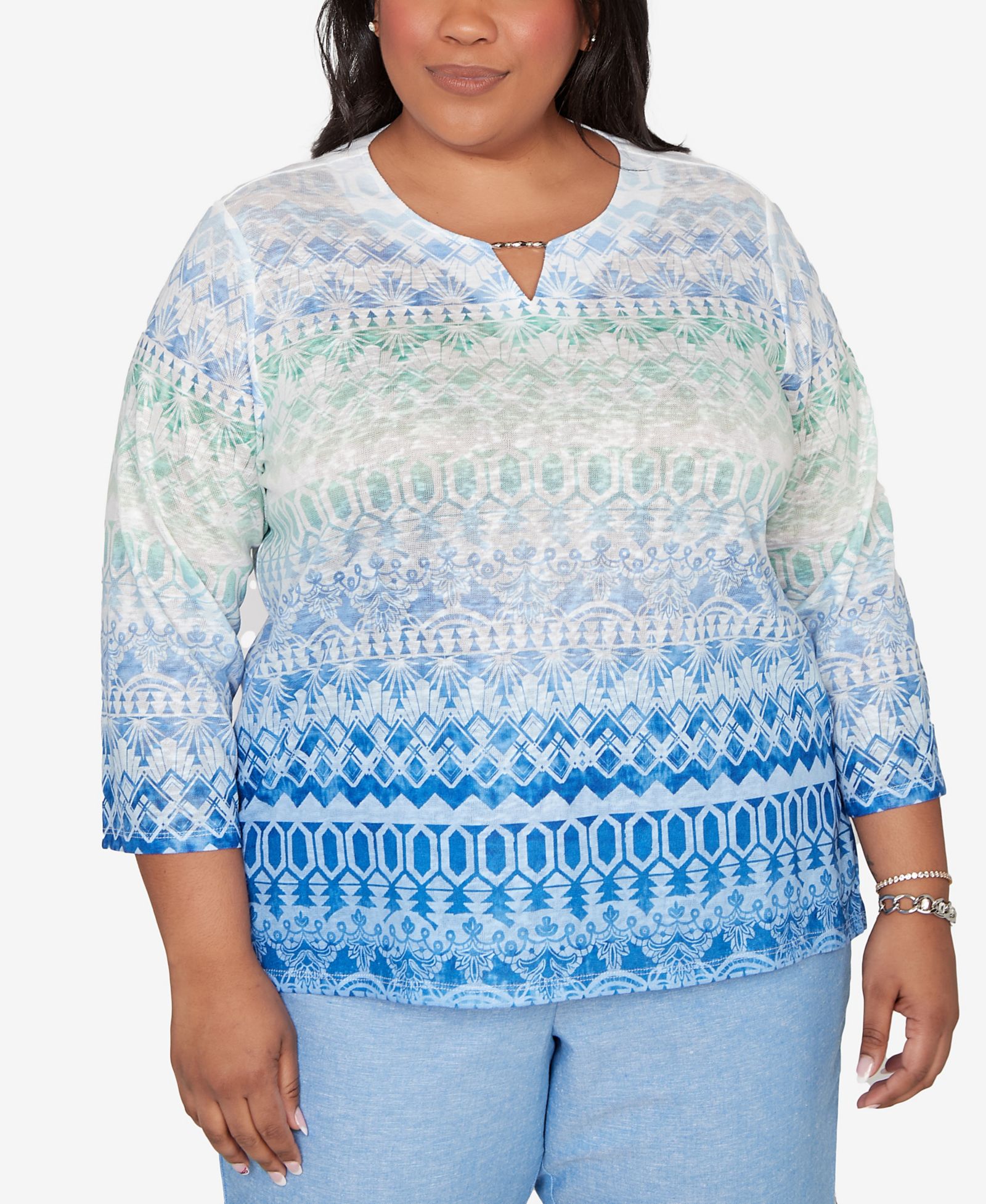 Женский топ Alfred Dunner Plus Size Caribbean Blues Ombre Biadere Split Neck