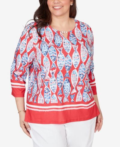 Женский топ Alfred Dunner Plus Size Port Side Mosaic Fish Split Beaded Neck