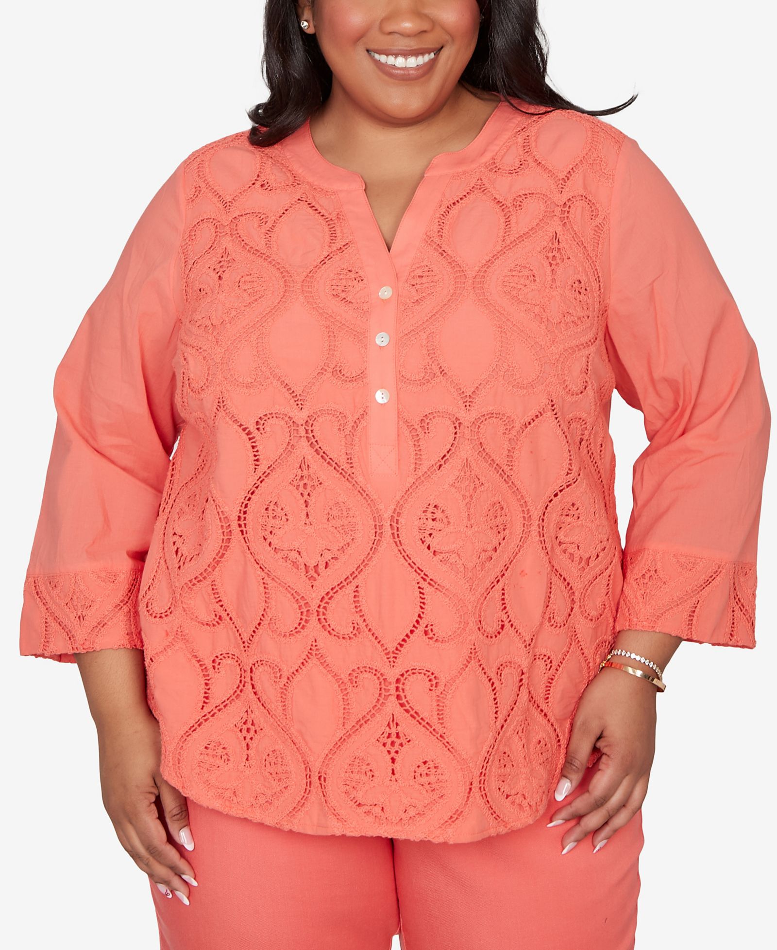 Alfred Dunner Plus Size Resort Living Textured Lace Scroll Henley Top