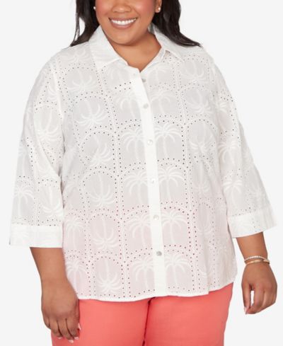 Alfred Dunner Plus Size Resort Living Eyelet Palm Tree Button-Front Top