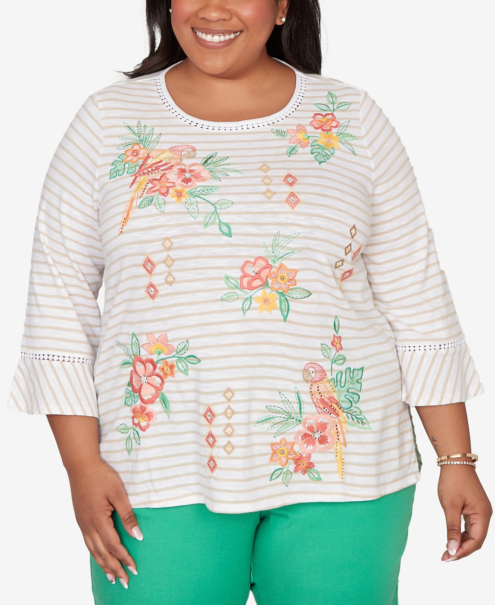 Alfred Dunner Plus Size топ Parrot Stripe Embroidered