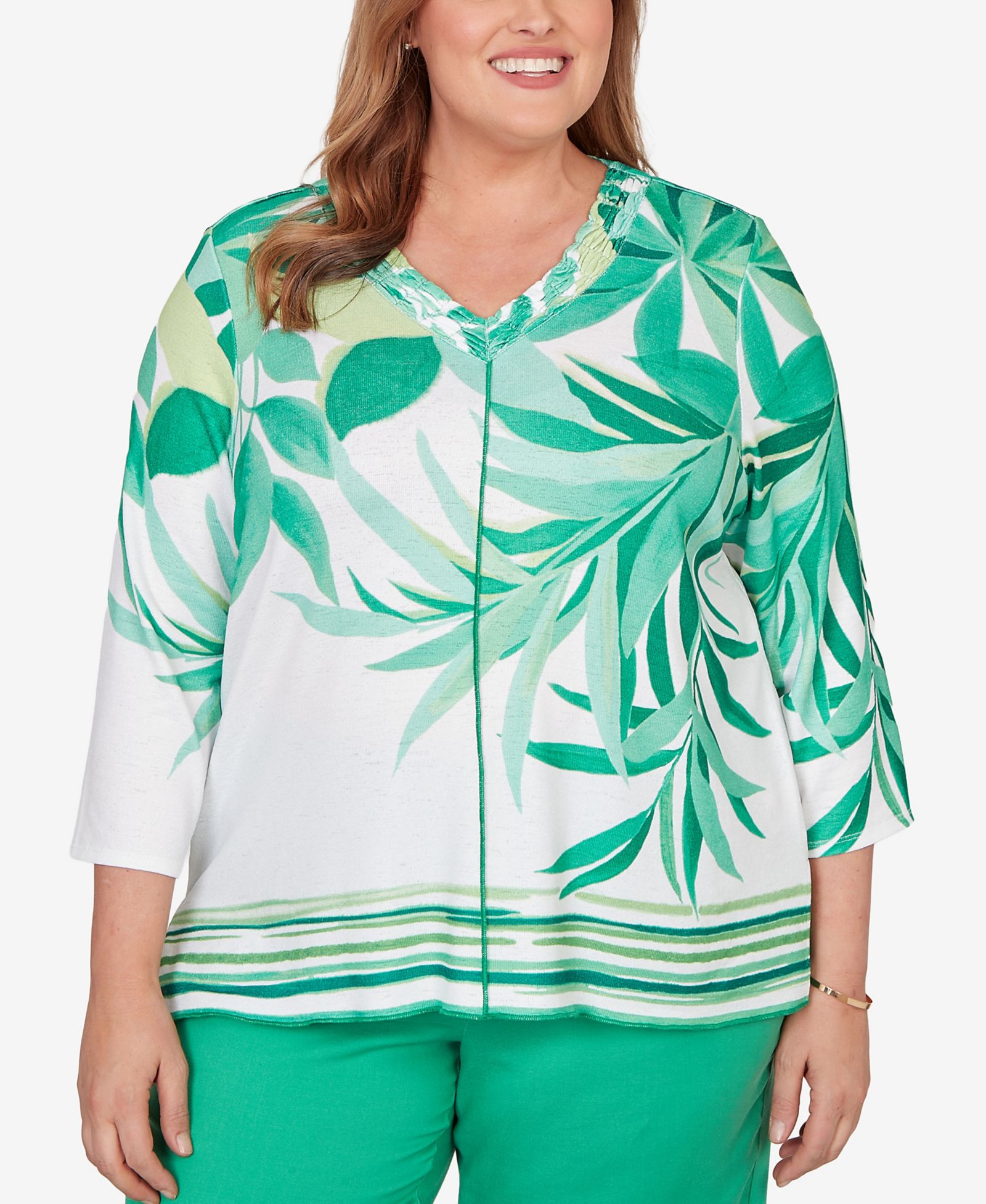 Alfred Dunner Plus Size Resort Living Artisan Leaf Bordered Top