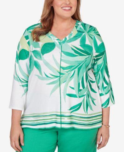 Alfred Dunner Plus Size Resort Living Artisan Leaf Bordered Top