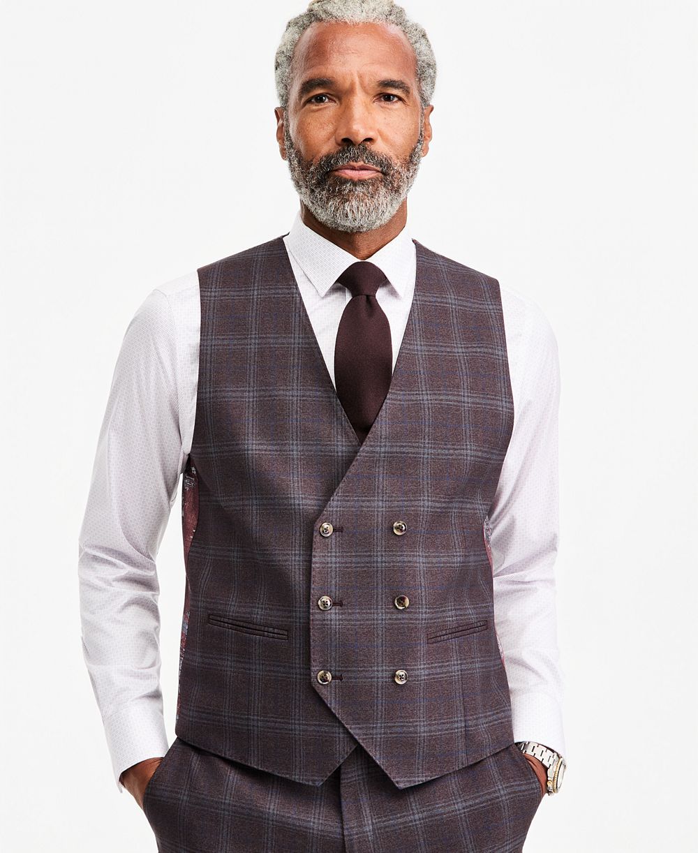Tayion Collection Men's Classic-Fit Burgundy Plaid Suit Separate Double-Breasted Vest