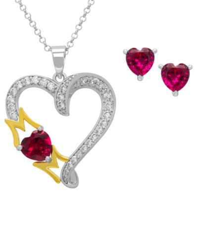 Набор из кулона и серег Macy's с выращенным рубином и белым сапфиром (2.71 ct. t.w.) в стерлинговом серебре