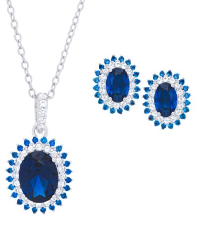 Macy's 2-Pc. Lab Grown Blue Sapphire and Lab Grown White Sapphire (3.36 ct. t.w.) Halo Oval Pendant Necklace and Stud Earrings Set in Sterling Silver