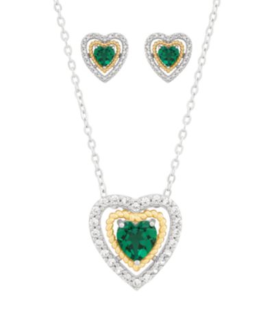 Macy's 3-Piece Lab Grown Emerald (1-1/2 ct. t.w.) and White Topaz (5/8 ct. t.w.) Heart Pendant Necklace and Stud Earrings Set in 14k Sterling Silver