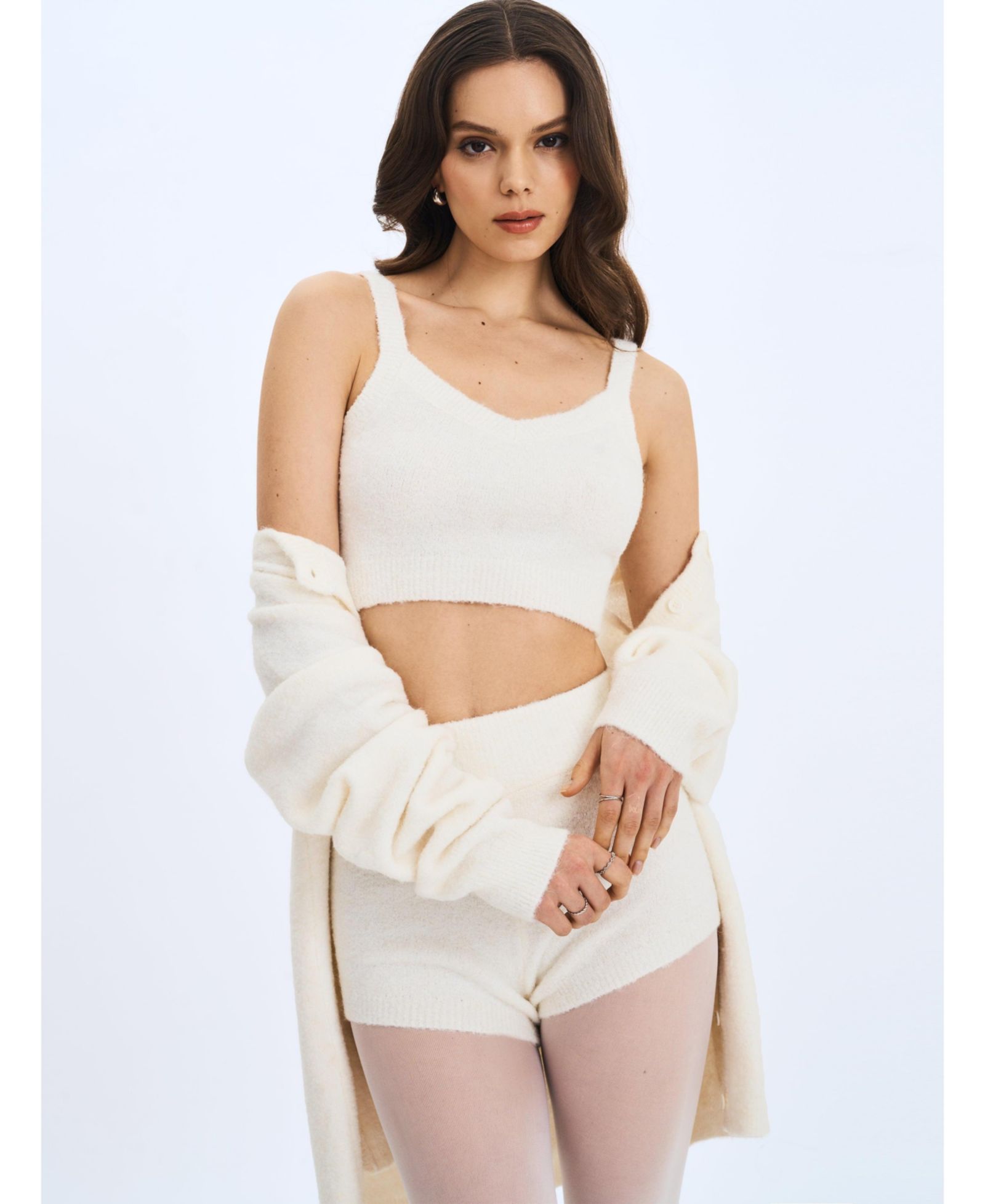 Miss Circle Women's Selene White Wool-Blend Ribbed Knit V-Neck Top