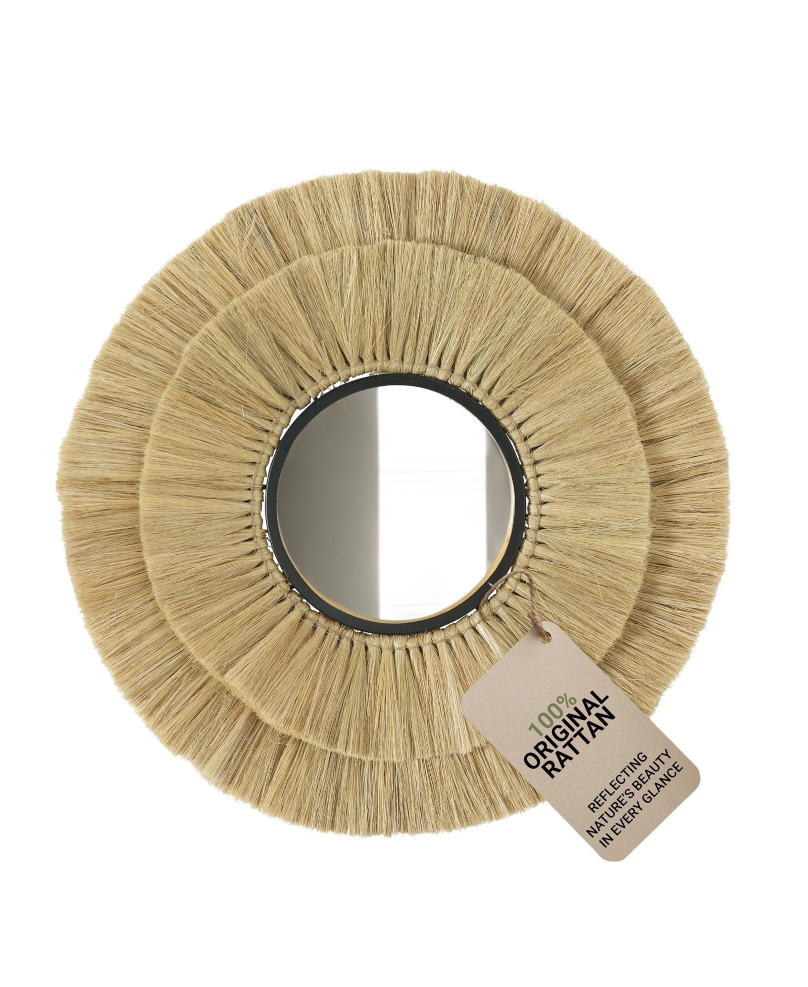 Wicker Village | Round Rattan Wall Mirror | Hanging Straw Boho Style Decorative Mirror, Pure Finish, Wall Mounted for Living Room & Bedroom
