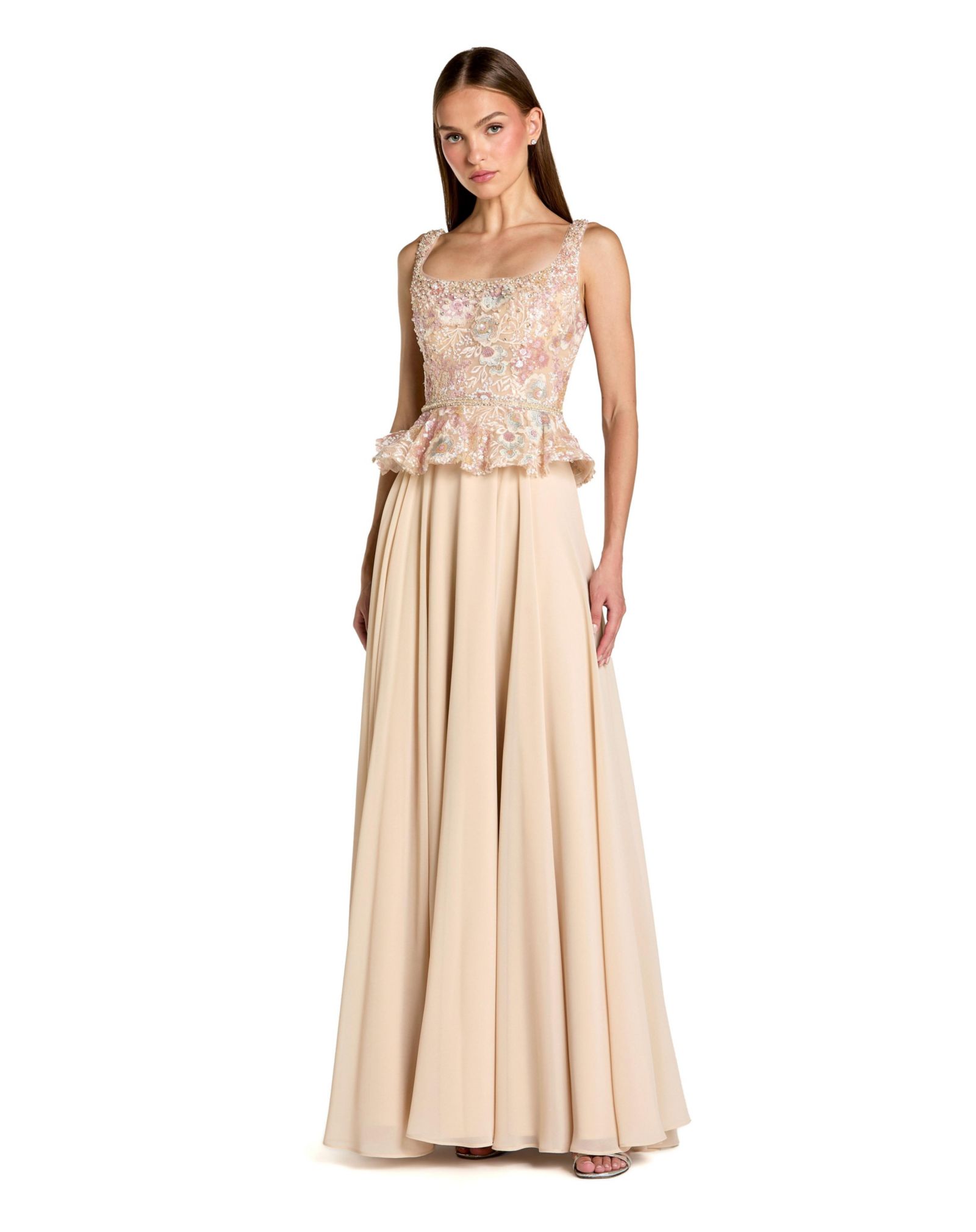 Mac Duggal Women's Embroidered Peplum Top With Chiffon Skirt Gown