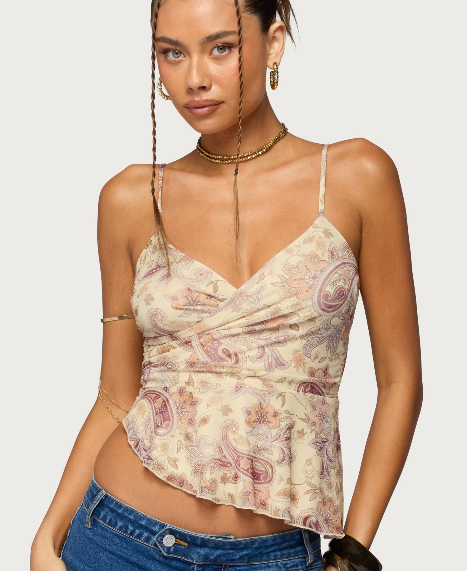 Edikted Women's Paisley Asymmetric Ruched Wrap Top