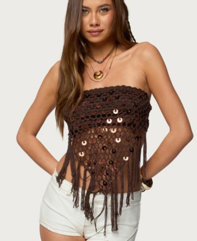 Edikted Women's Handkerchief Backless Crochet Fringed Top