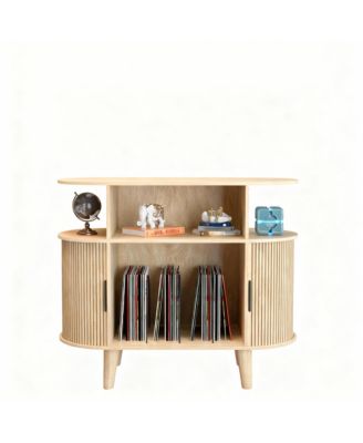 YIGII Mid-Century Modern Record Cabinet with Charging Station & Storage