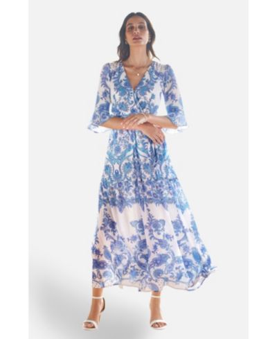 Yumi Women's 3/4 Sleeves Paisley Wrap Midi Dress