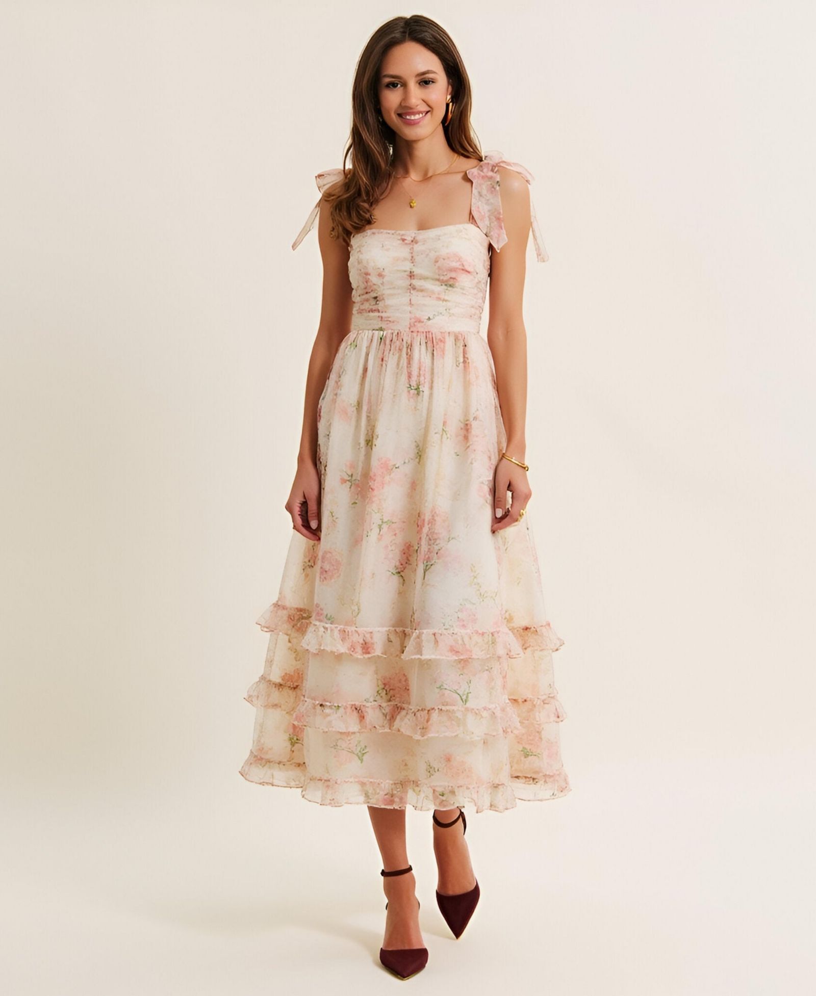 Женское платье Modenaire Floral Tiered Ruched Bodice Tie-Shoulder Midi