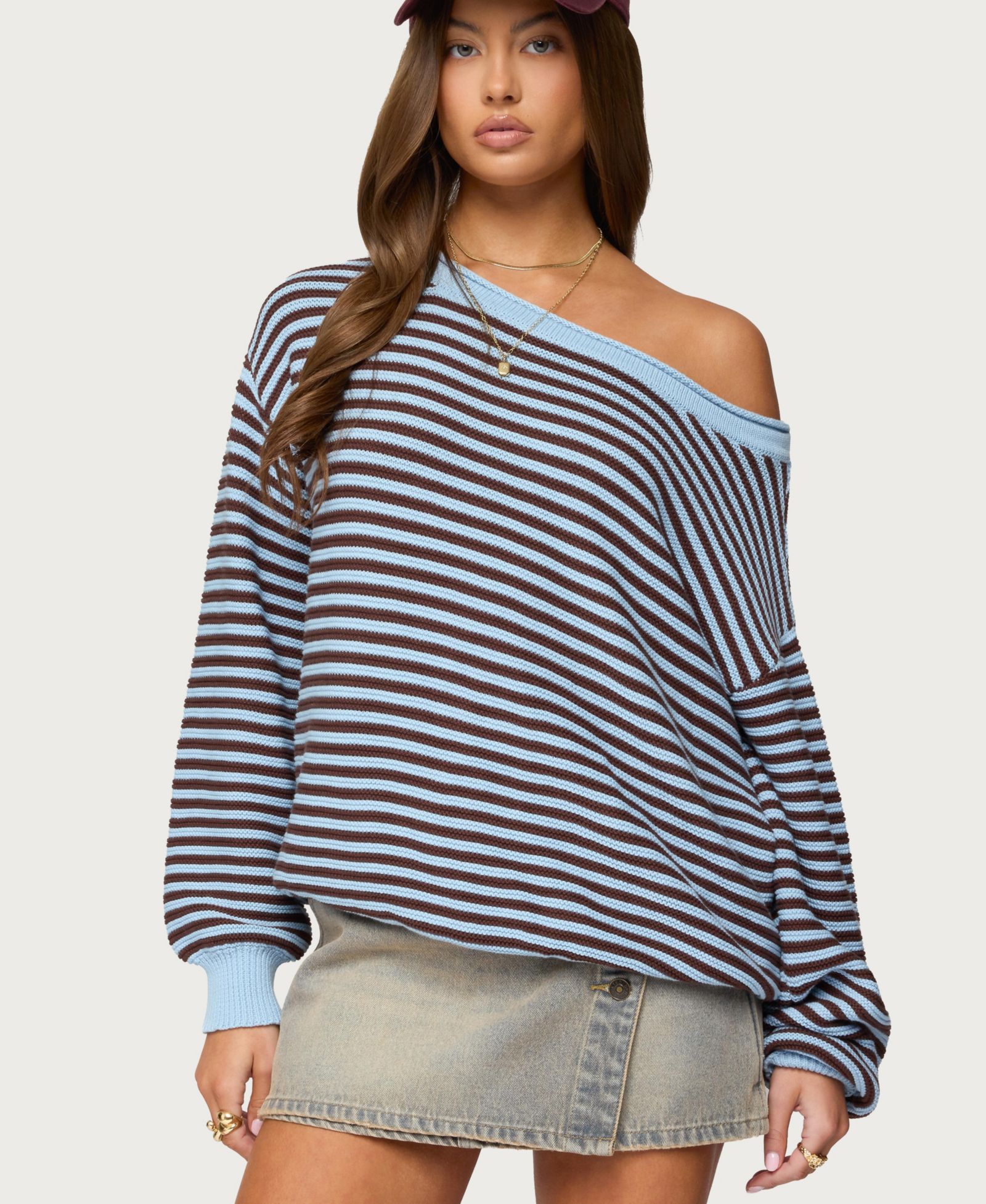 Edikted Women's Averi Striped Oversized Off Shoulder Sweater