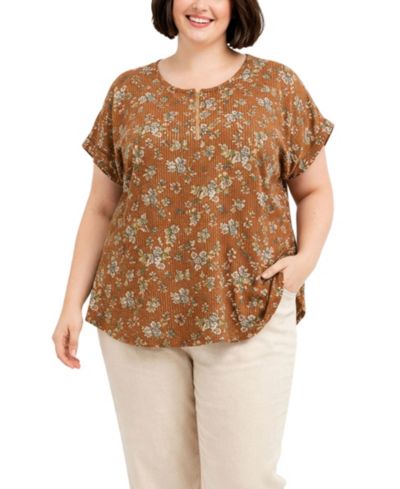 Женский топ COIN 1804 Plus Size Boho Floral Rib Zip Front Dolman