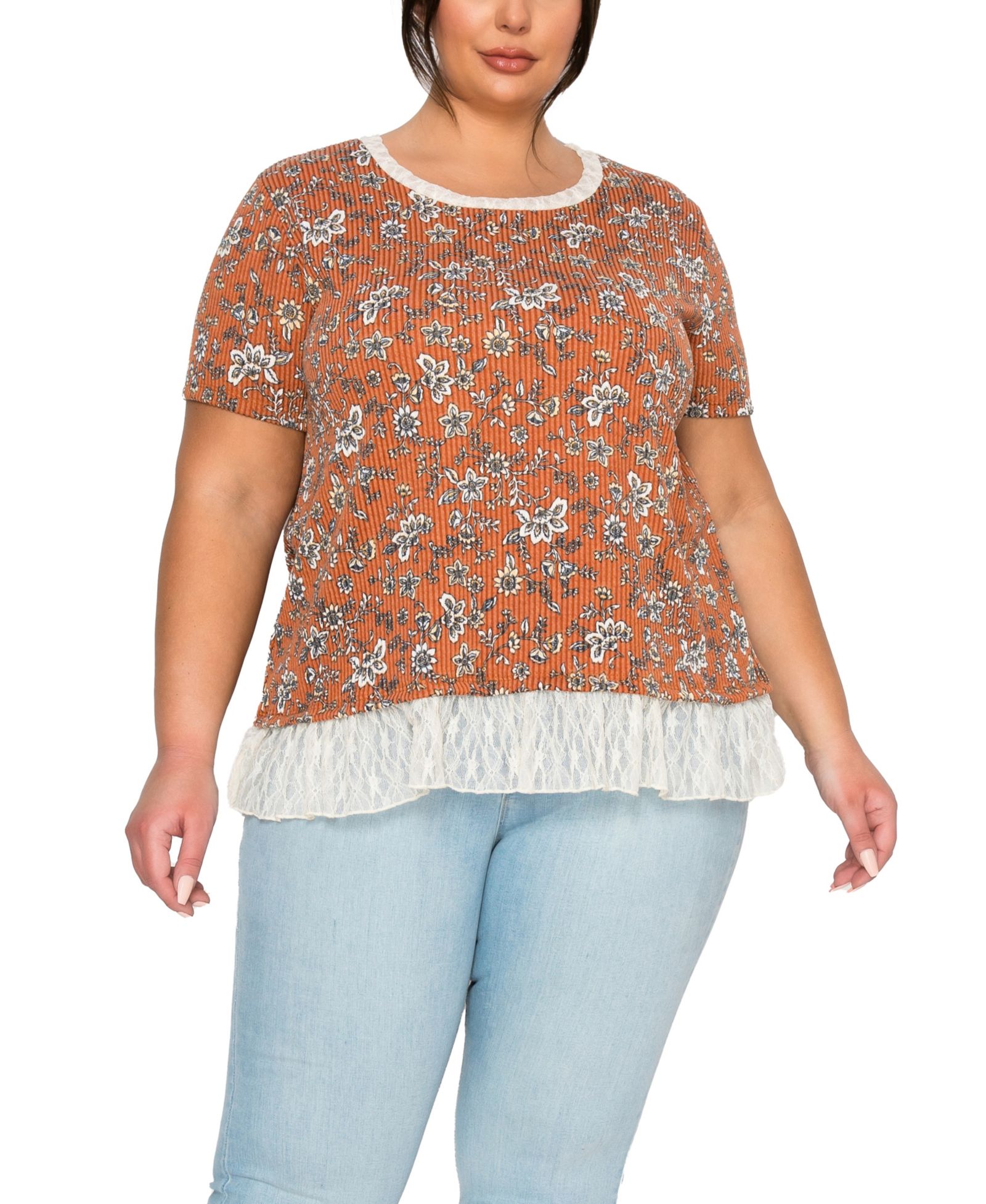 COIN 1804 Plus Size Boho Floral Rib and Lace Pleat Back Short-Sleeve Top