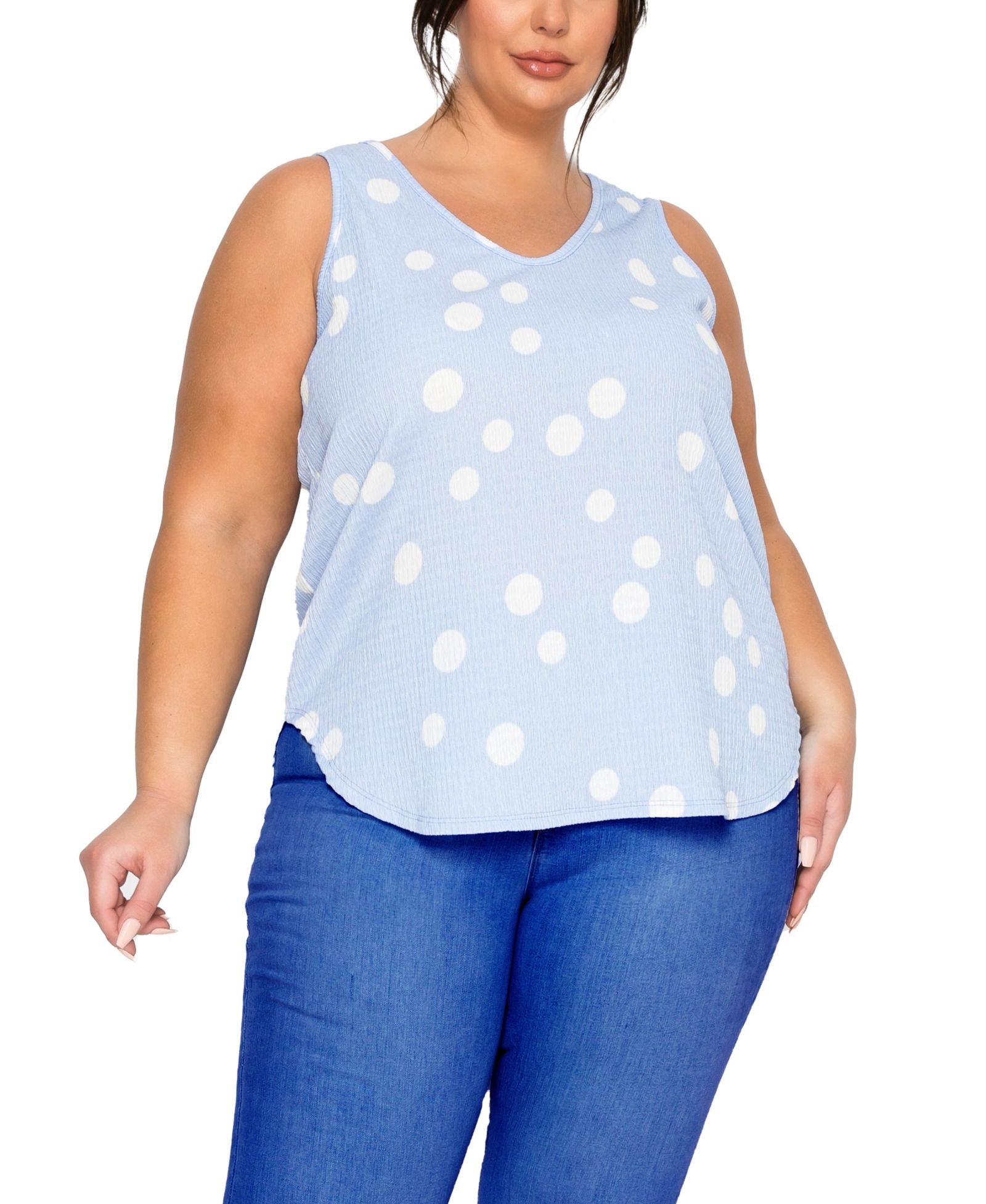 COIN 1804 Plus Size Polka Dot Crinkle Knit Double V-Neck Tank