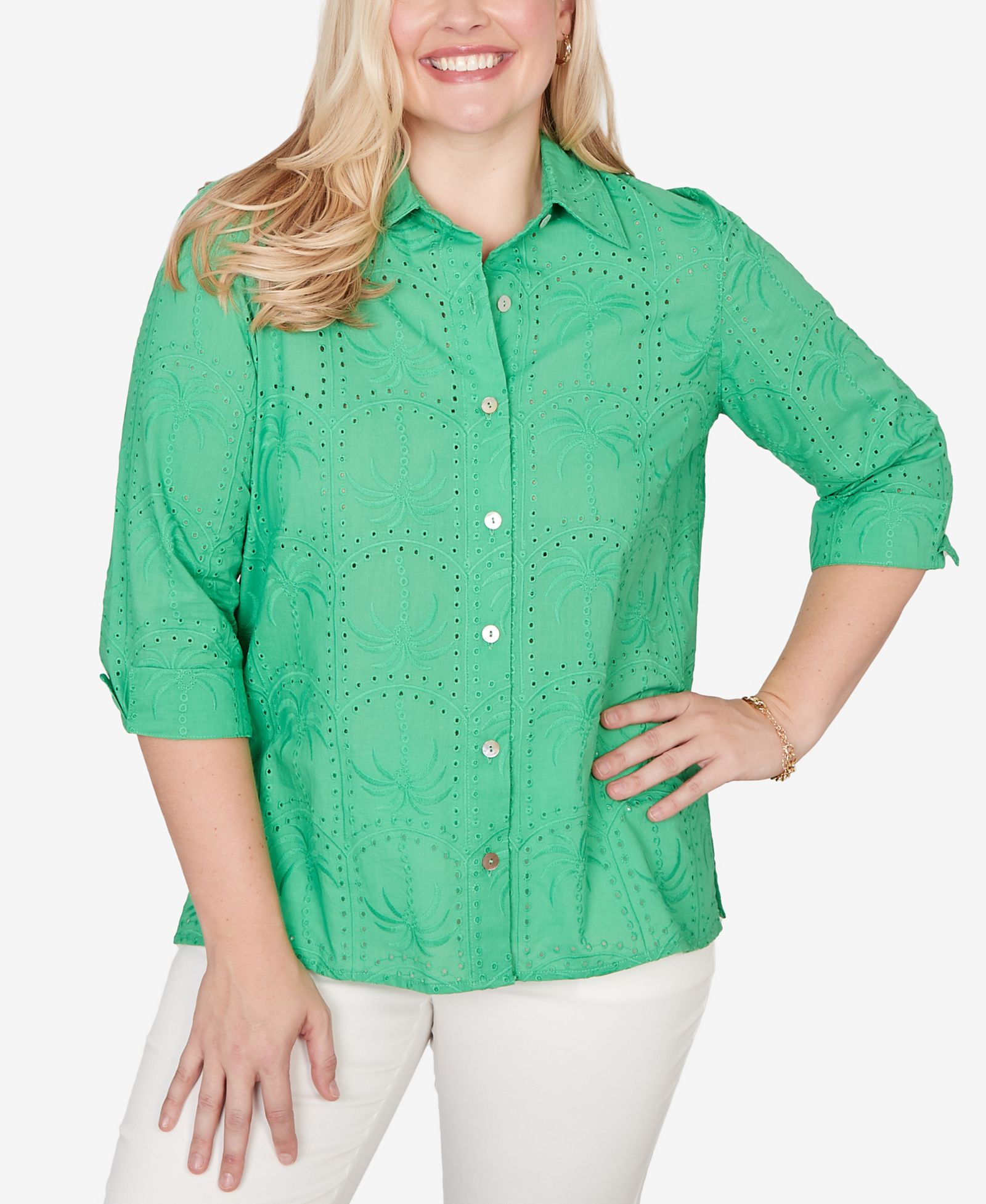 Топ Alfred Dunner Petite Resort Living Eyelet Palm Tree Button-Front