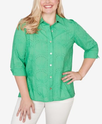 Топ Alfred Dunner Petite Resort Living Eyelet Palm Tree Button-Front