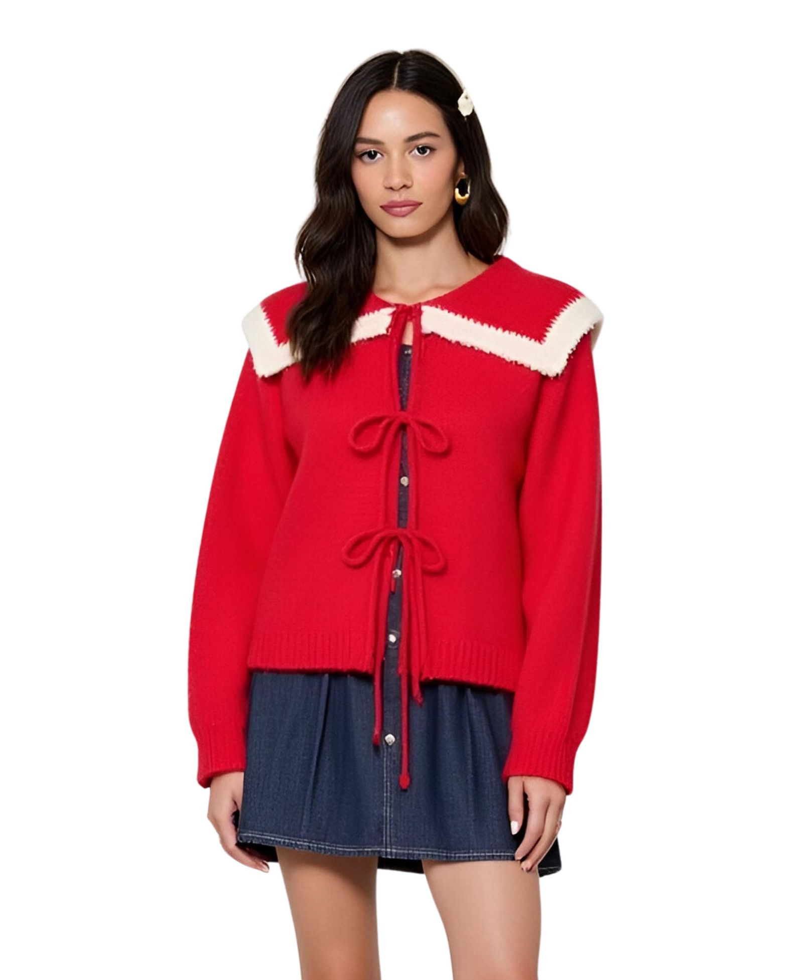 Modenaire Women's Ruffle Collar Tie-Front Knit Sweater