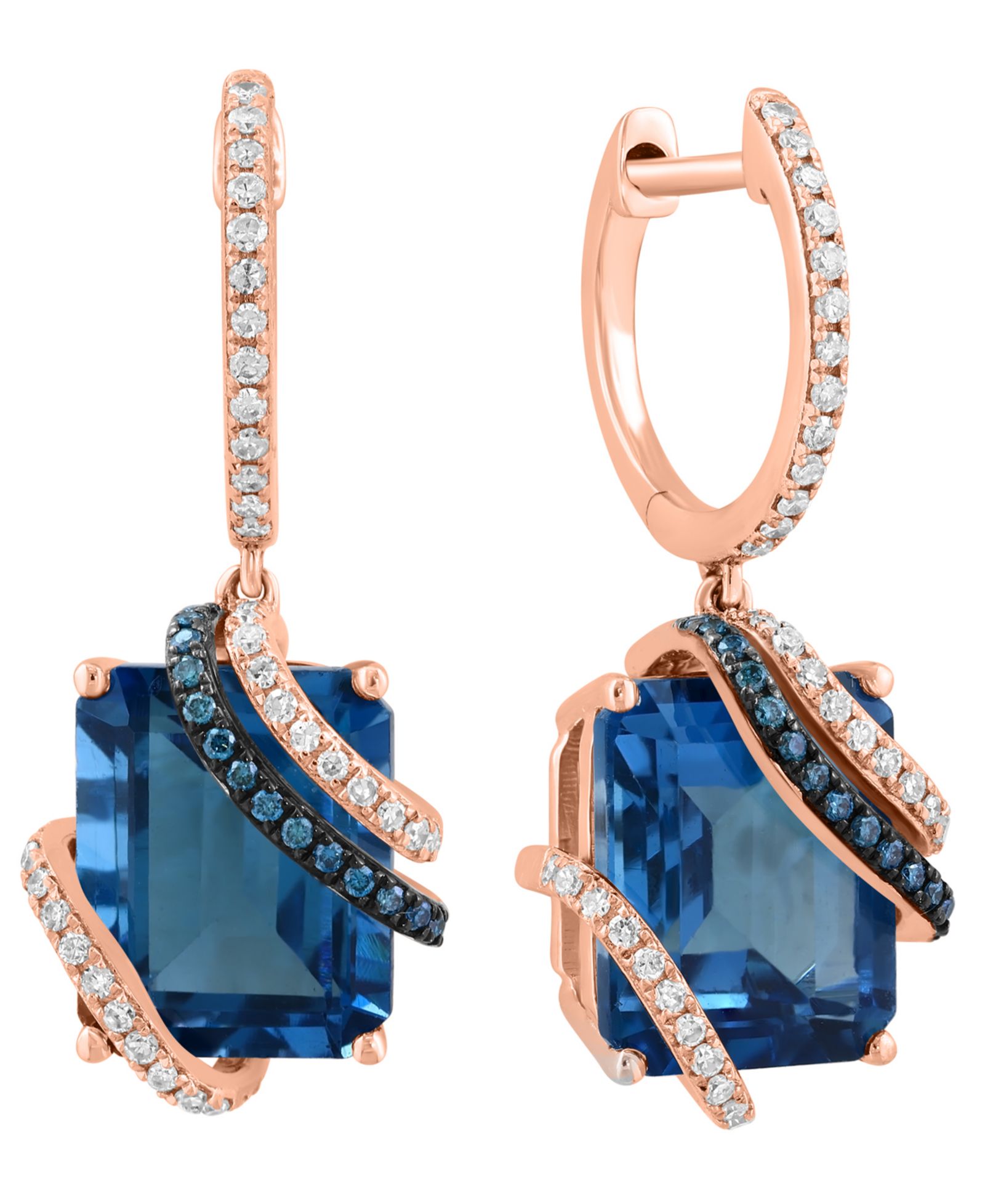 Серьги-подвески EFFY Collection London Blue Topaz, White Diamond и Blue Diamond в 14k Rose Gold