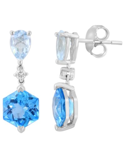 Серьги-подвески EFFY Collection с голубым топазом, аквамарином и бриллиантом в белом золоте 14k