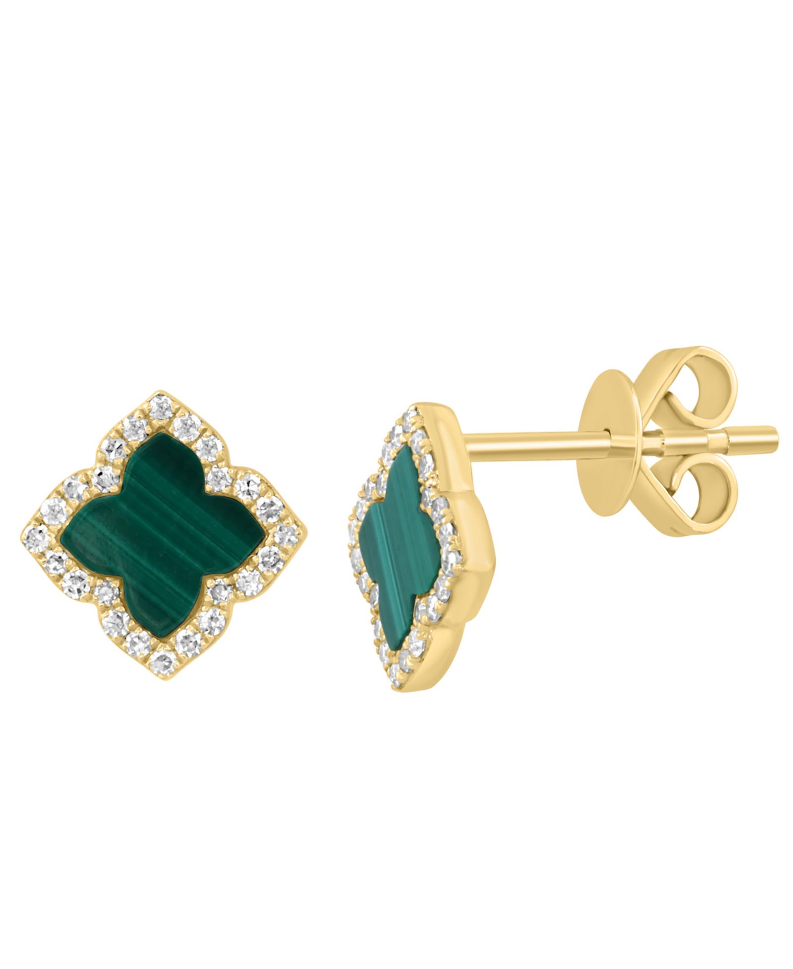 Серьги EFFY Collection с бриллиантом (1/6 ct. t.w.) и малахитом (6.5 mm) в желтом золоте 14k