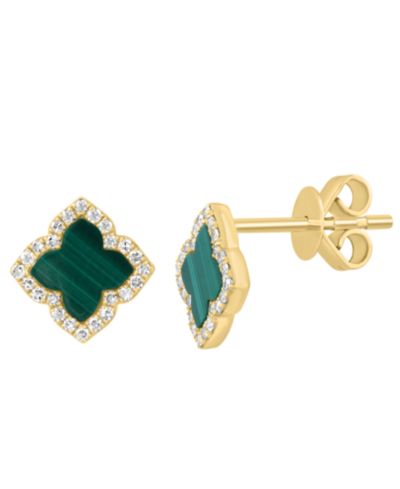Серьги EFFY Collection с бриллиантом (1/6 ct. t.w.) и малахитом (6.5 mm) в желтом золоте 14k