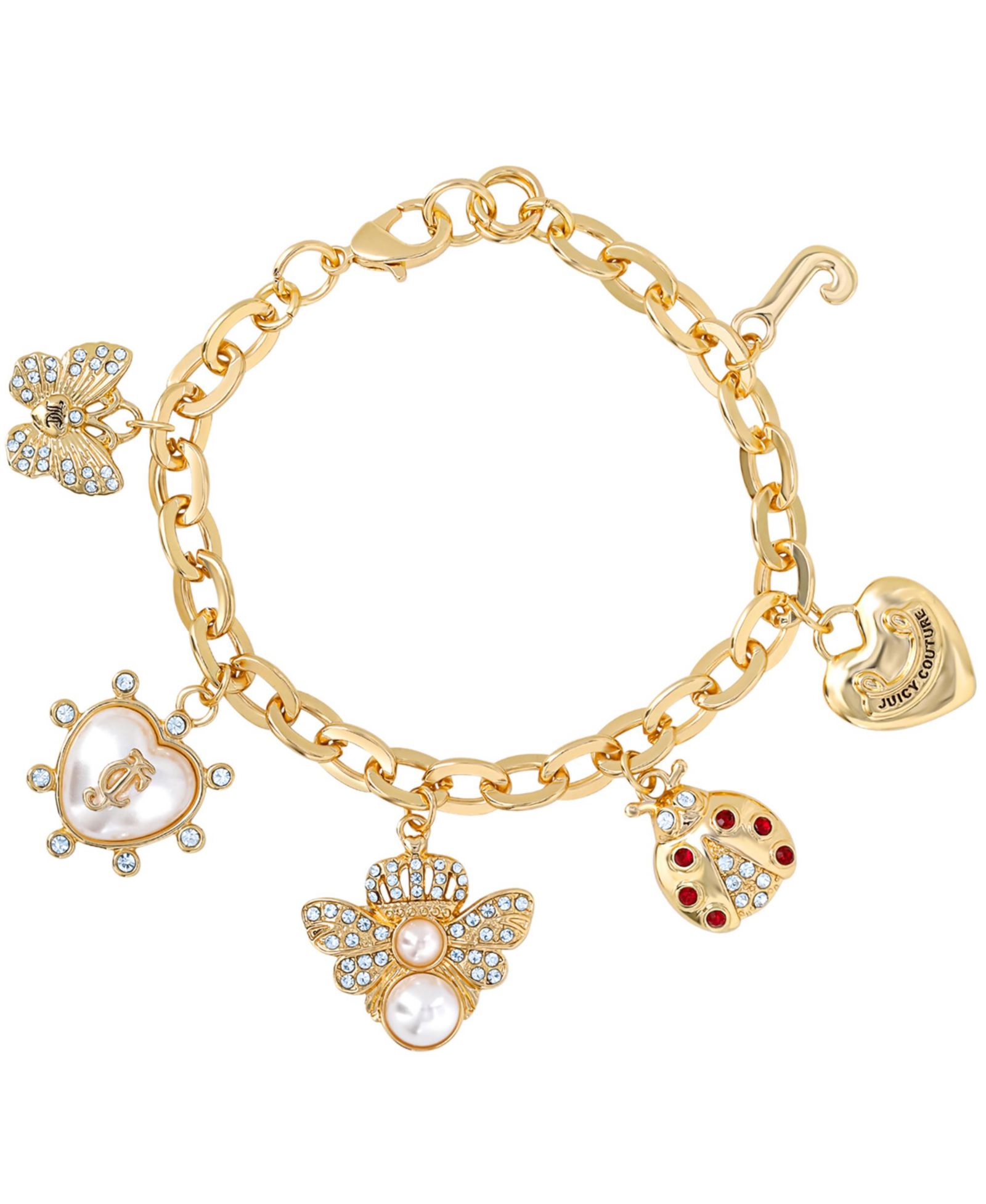 Браслет Juicy Couture Pearl & Icon Charm, Gold Tone Link с искусственным жемчугом