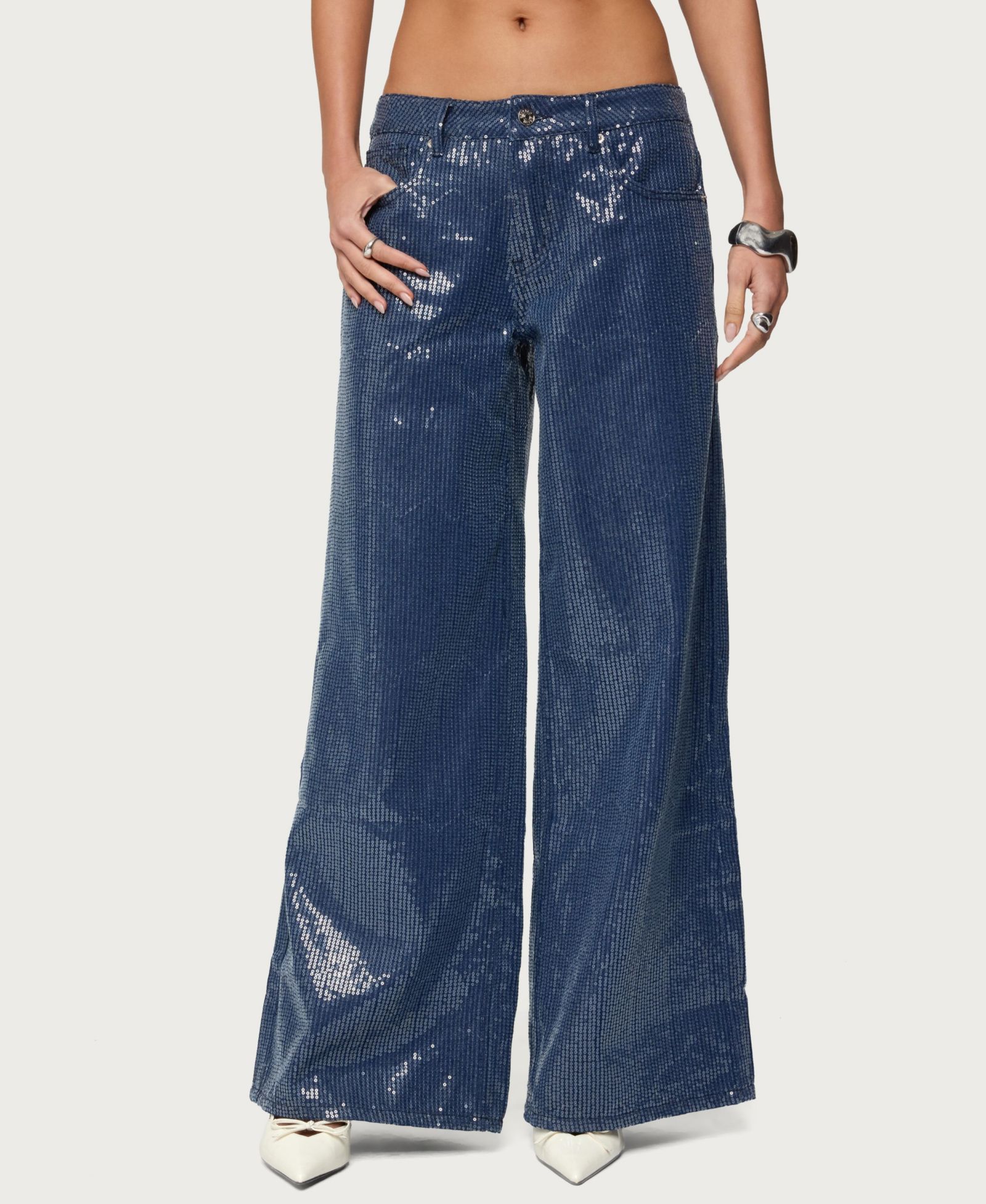 Edikted Women's Mirella Sequin Low Rise Baggy Jeans