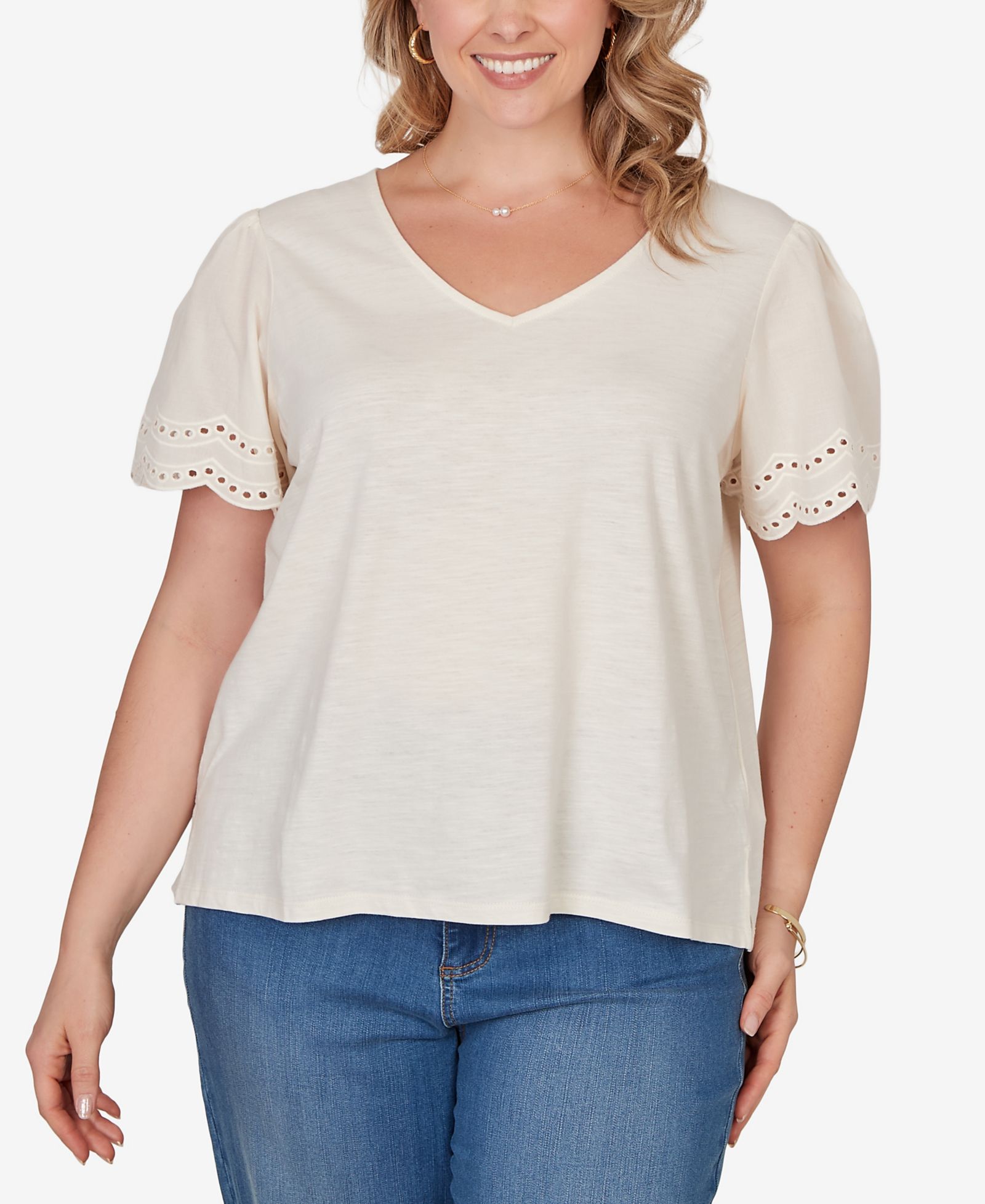 Ruby Rd. Plus Size Eyelet Poplin-Sleeve Slub Knit Top