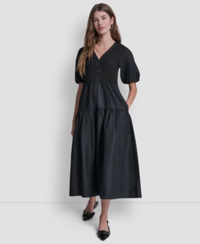 DKNY Jeans Women's Rib Henley Puff-Sleeve Midi Dress