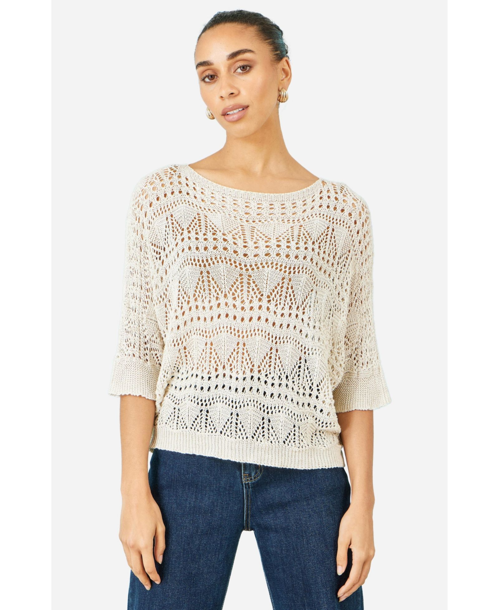 Yumi Women's Cotton Mix Relaxed Fit Pointelle Jumper