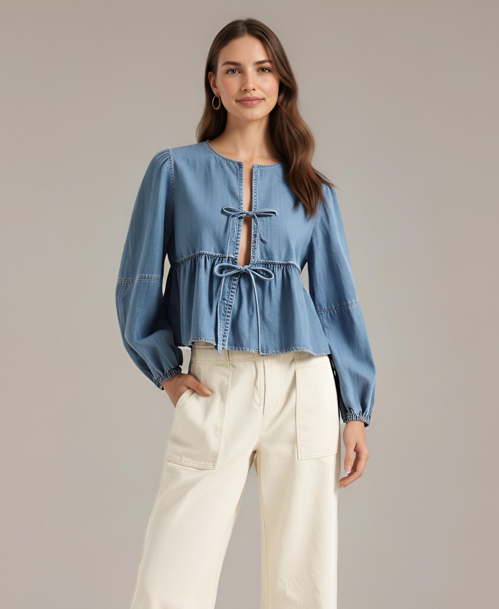 Женская блузка Modenaire Roma Denim Tie-Front Peplum