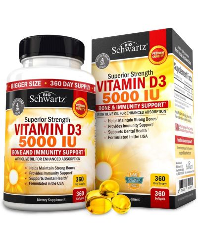 BioSchwartz Витамин D3 5000 IU (125 mcg, добавка для поддержки иммунитета, прочности костей и мышц), 360 мягких капсул