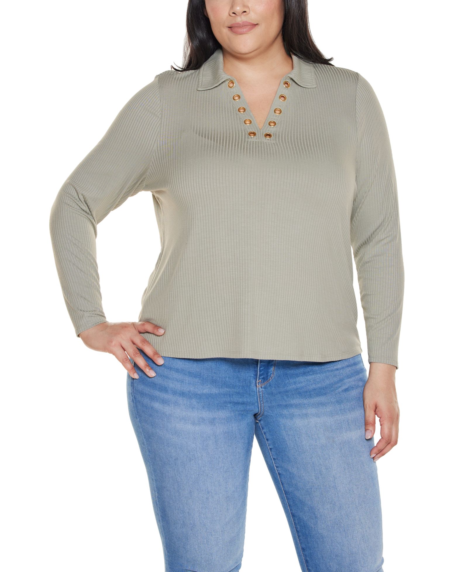 Belldini Plus Grommet-Trim Split-V Knit Top