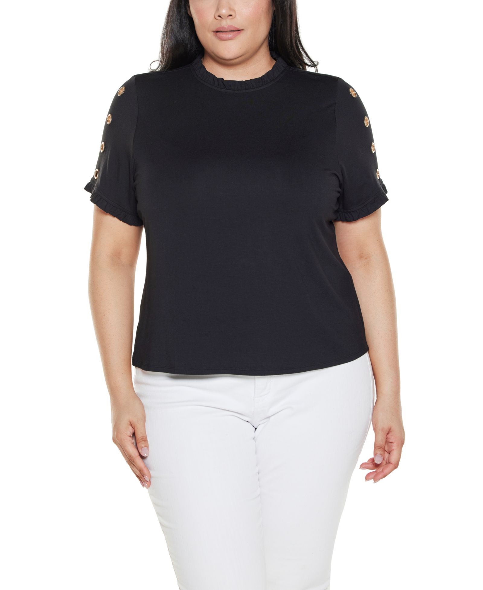 Belldini Plus Size Ruffle-Trim Grommet Knit Top