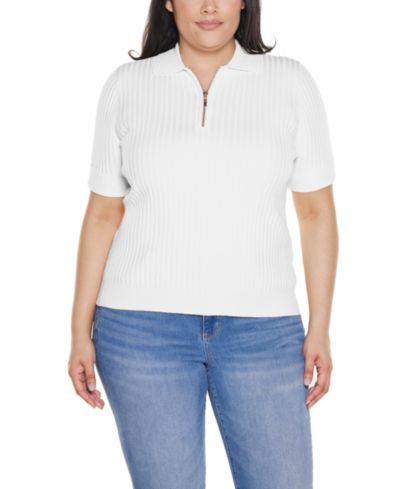 Свитер Belldini Plus Size в рубчик с воротником и молнией на четверть