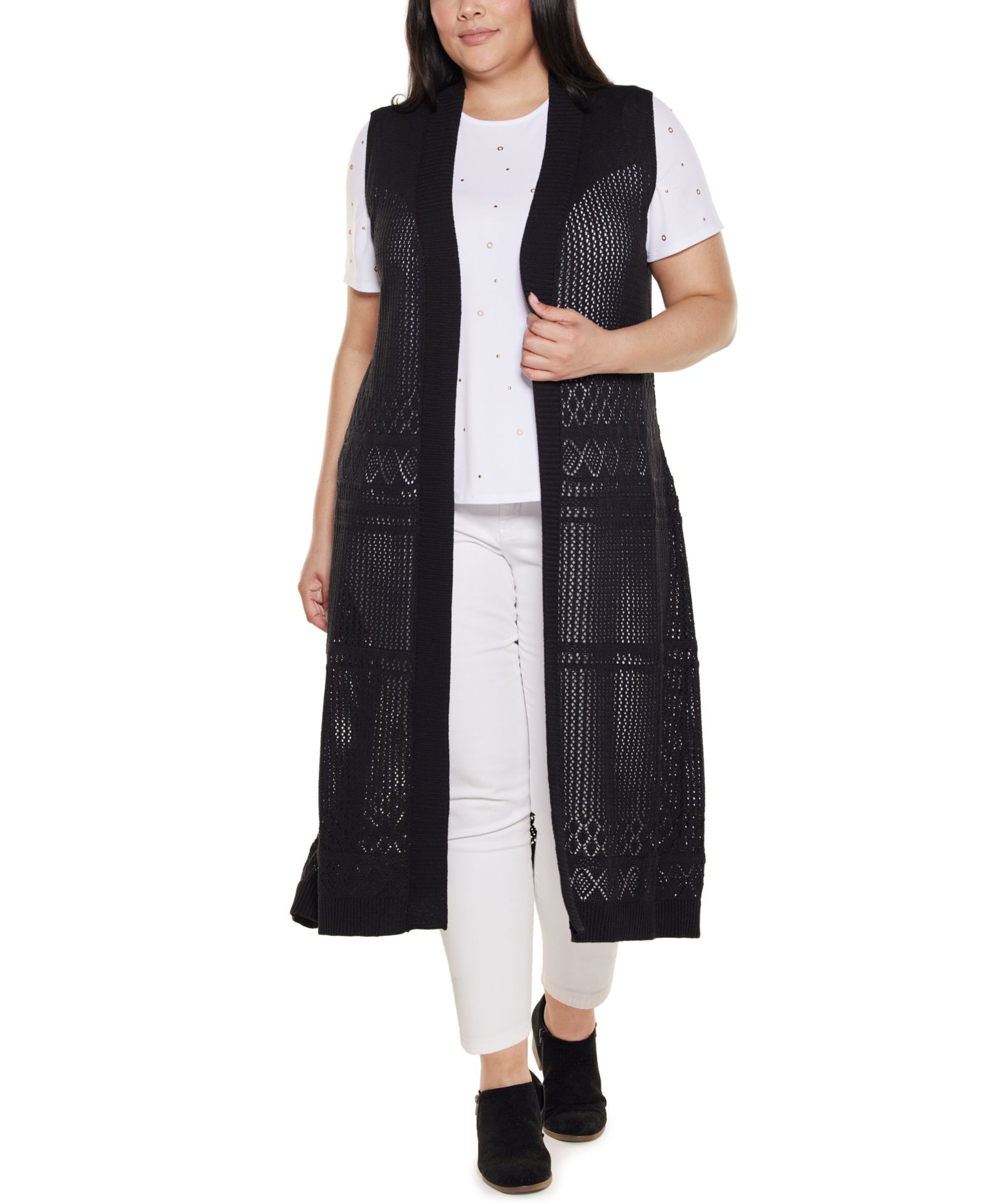 Belldini Plus Size Pointelle Sleeveless Duster Cardigan