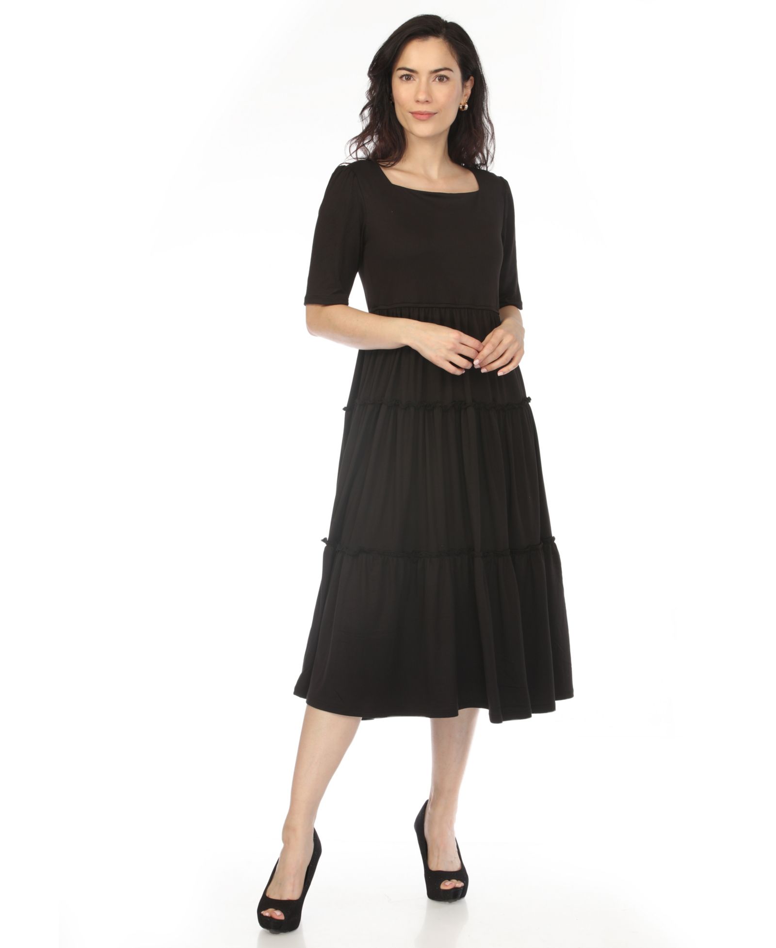 White Mark Women's Square Neck Short-Sleeve Tiered Dress